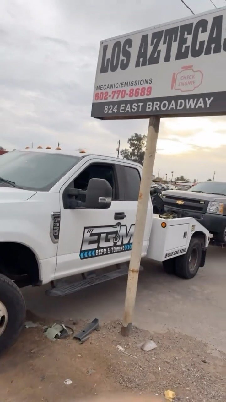 EGM Ford F-350 tow truck at a Phoenix repair shop